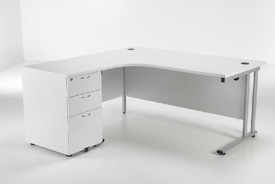 Compact White 1400mm Left Hand Ergonomic Corner Desk Complete With